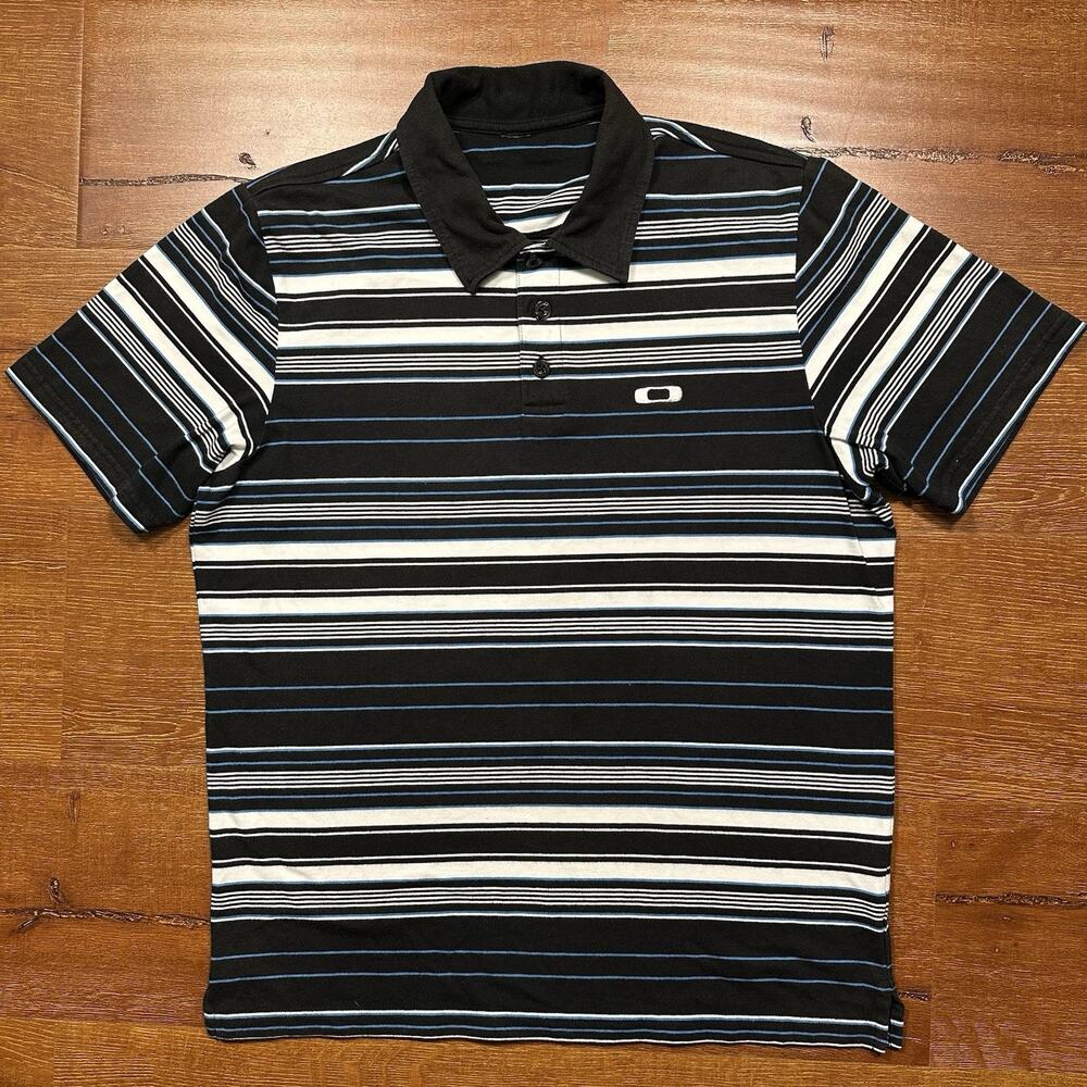 Vintage Oakley Polo Shirt Mens M Black Stripe Short Sleeve Retro Preppy Dad VTG - Picture 1 of 13